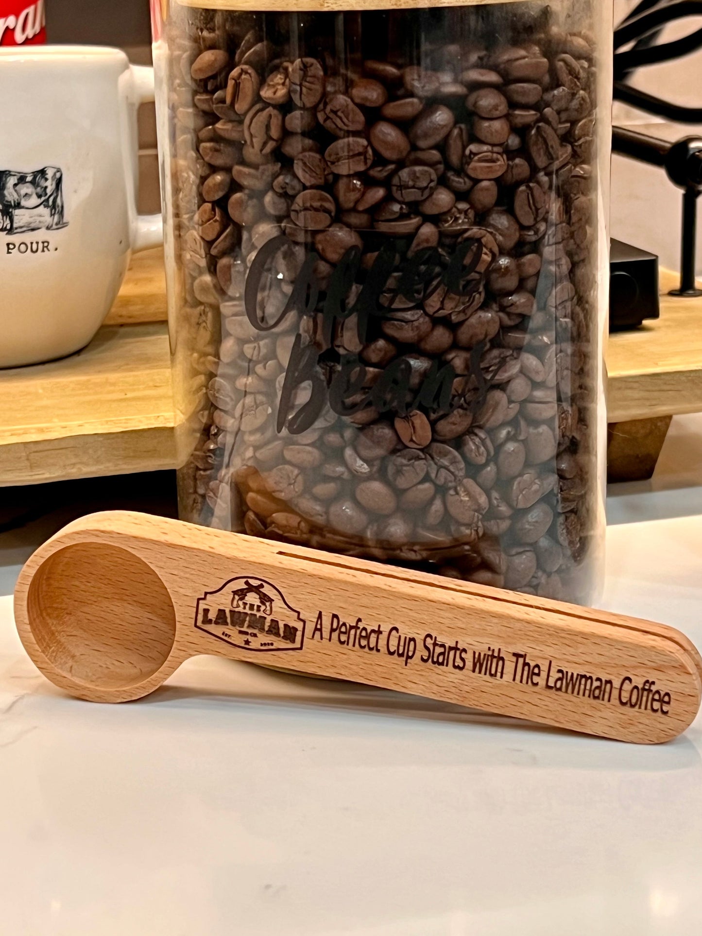 Lawman Coffee Scoop & Bag Clip – Branded Wood Swag for Coffee Lovers