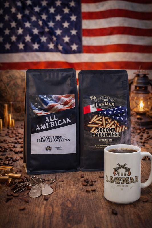 All American Coffee patriotic bag with American flag", "Dark roast coffee in mug with USA flag", "Celebrating USA 250th birthday with Lawman coffee