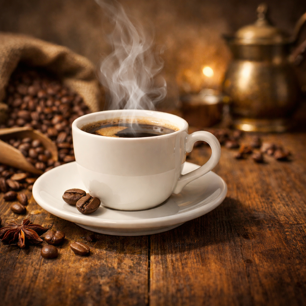 Freshly brewed cup of premium small-batch coffee with rich aroma, third-party tested for mold and mycotoxins