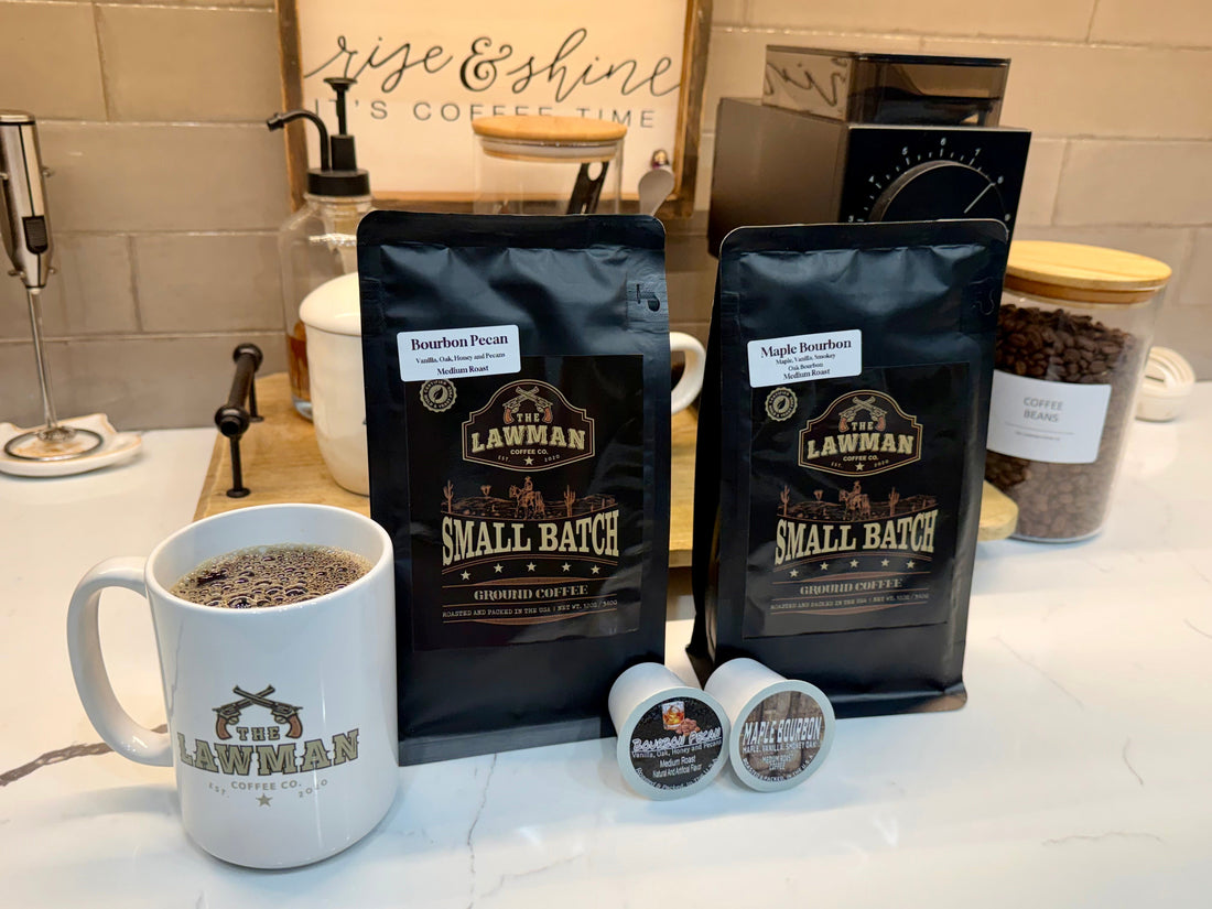 Bourbon Pecan and Maple Bourbon flavored coffee with K-Cup pods from The Lawman Coffee Co.