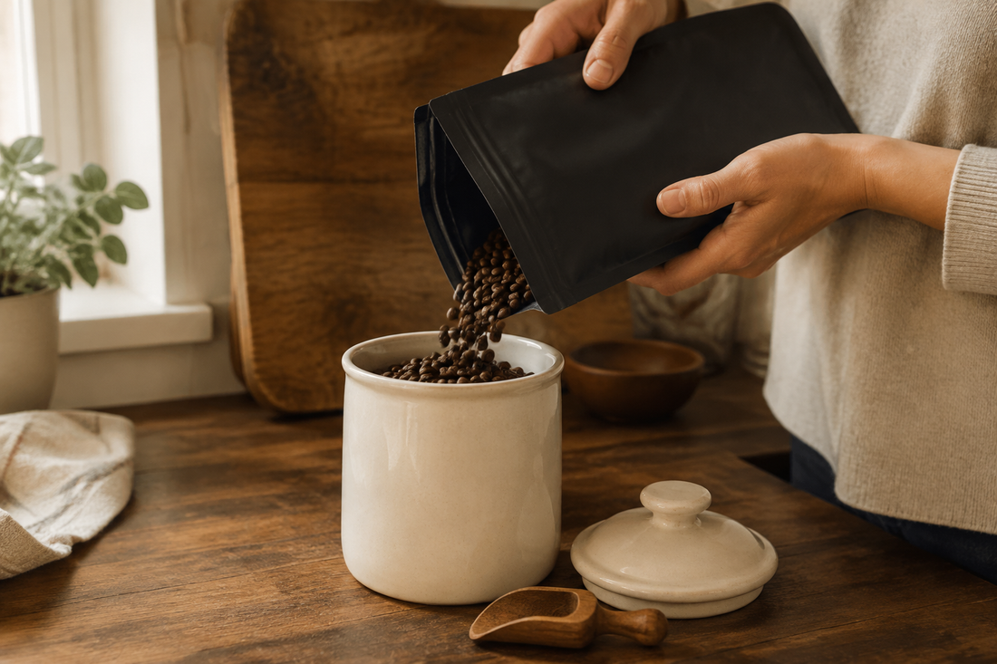 Fresh coffee beside whole roasted beans and an airtight coffee storage canister on a farmhouse kitchen counter.