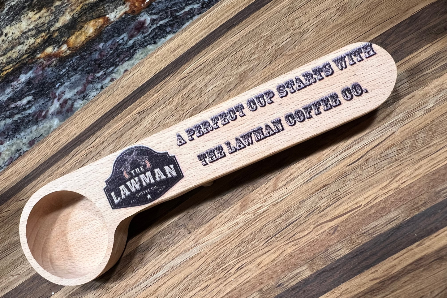 Lawman Coffee Scoop and Bag Clip – Branded Wood Swag for Coffee Lovers