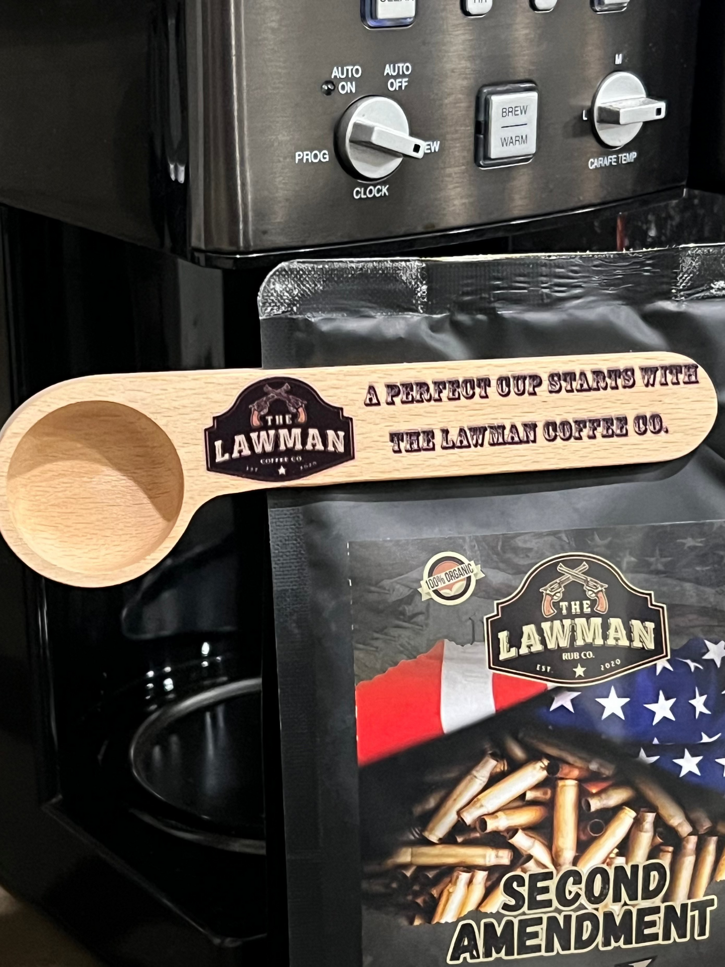 Lawman Coffee Scoop and Bag Clip – Branded Wood Swag for Coffee Lovers