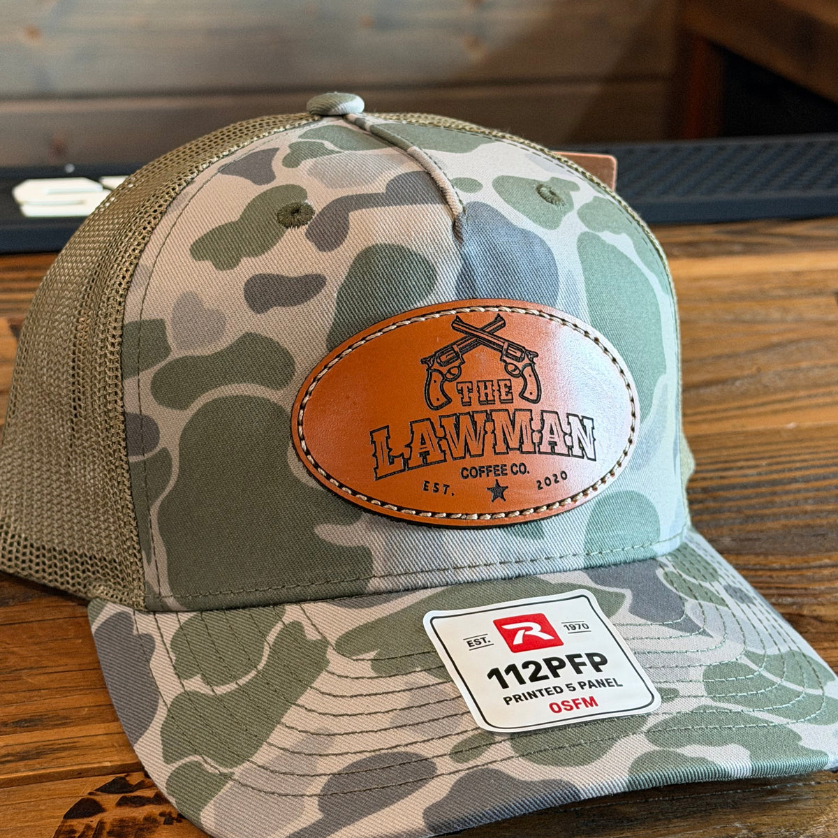 Marsh Duck Camo Lawman Coffee Leather Patch.
